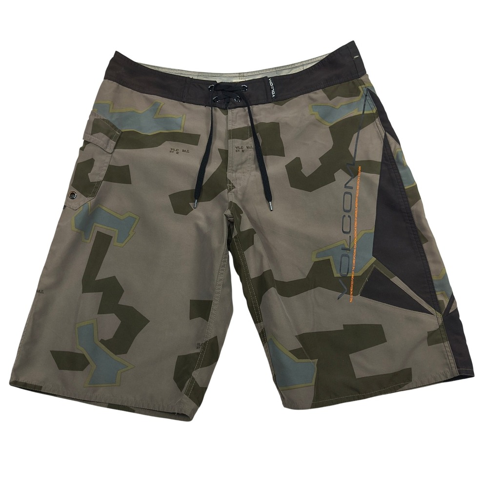 Volcom Modtech Mens Geometric Camo Boardshorts Size 36 Brown Green Swim Trunks